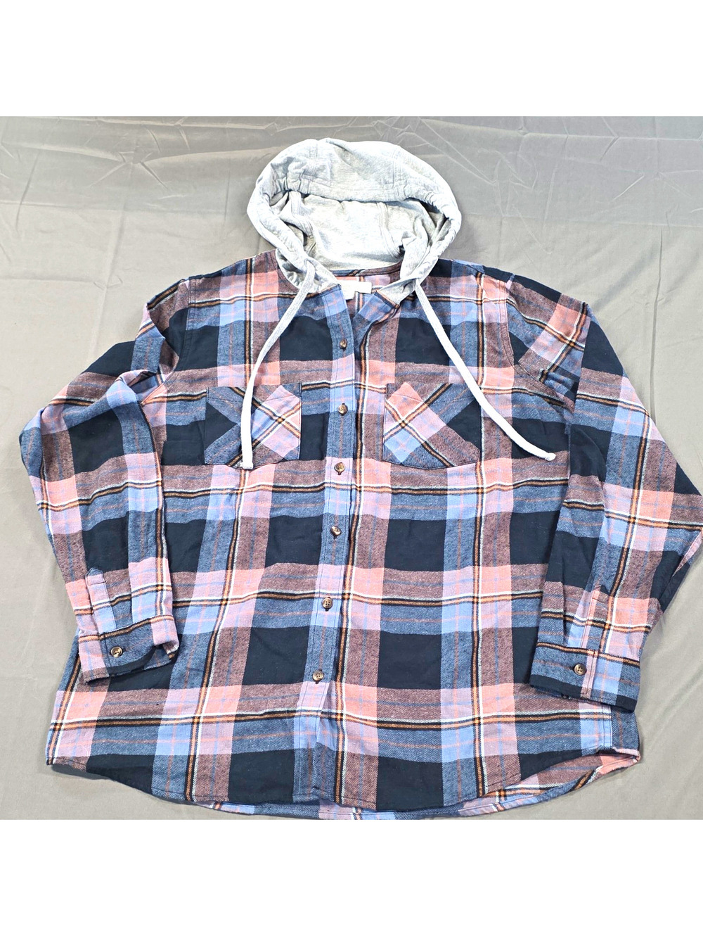 Natural Reflections Womens L Plaid Flannel Hooded Pockets Long Sleeve Button-Up